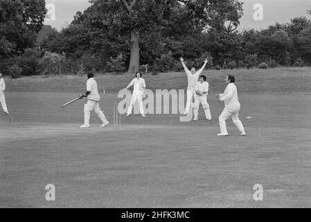 Laing Sports Ground, Rowley Lane, Elstree, Barnett, London, 21/07/1973. Zwischen Laing's Sports Club und dem Blue Circle Cricket Club wird ein Cricket-Spiel ausgetragen. Dieses Foto ist Teil einer Serie von Sportveranstaltungen zwischen Mitgliedern des Laing's Sports Club und Mitarbeitern des Zementherstellers Blue Circle. Stockfoto