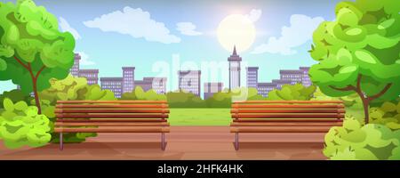 Cartoon leerer Stadtpark mit Holzbank, Straßenlaterne, grünem Gras und Bäumen. Städtischer öffentlicher Gartenplatz mit Spazierweg zum Spazierengehen. Sommerlandschaft mit Laternen, Gehwegen, Stadtgebäuden auf der Skyline. Stock Vektor