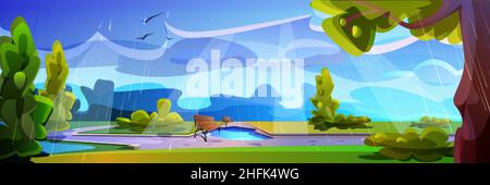 Leerer Stadtpark bei Regenwetter mit Pfützen, Holzbank, grünem Gras und Bäumen. Öffentlicher Ort mit Straßenlampen und nassem Weg. Vektor Cartoon Sommerlandschaft mit düsteren Himmel und Regen. Stock Vektor