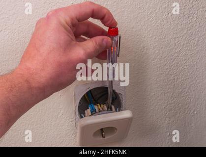 Reparatur der Steckdose an der Wand, mit Hilfe eines Phasensucher-Schraubendrehers.Eine Männerhand hält einen Phasensucher-Schraubendreher und überprüft einen Elektr Stockfoto