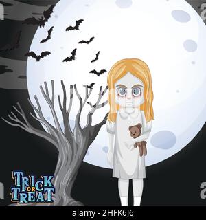 Ghost girl hält Teddybär auf Vollmond Hintergrund Illustration Stock Vektor