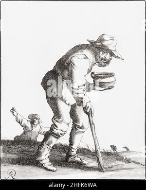 Bettler mit seiner Bettelschale. Nach einem Werk aus den 1630er Jahren von Pieter Jansz Quast. Stockfoto