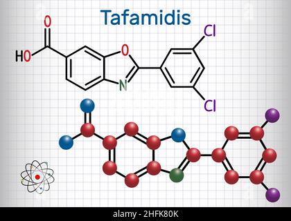 Tafamidis-Molekül. Blatt Papier in einem Käfig. Strukturelle chemische Formel und Molekülmodell. Vektorgrafik Stock Vektor