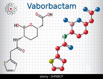 Vaborbactam-Medikamentenmolekül. Beta-Lactamase-Hemmer wird zusammen mit Meropenem zur intravenösen Verabreichung verwendet. Blatt Papier in einem Käfig Stock Vektor