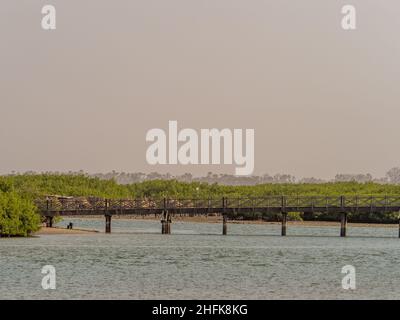 Joal-Fadiouth, Afrika - Jan, 2019: Holzbrücke zwischen Joal und Fadiouth. Mangroven im Hintergrund. Die Region Thiès am Ende der Petite Côt Stockfoto