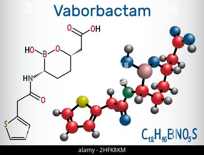 Vaborbactam-Medikamentenmolekül. Beta-Lactamase-Hemmer wird zusammen mit Meropenem zur intravenösen Verabreichung verwendet. Strukturelle chemische Formel und Molekül Stock Vektor