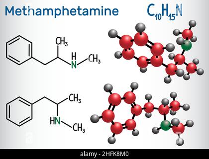 Methamphetamin (Crystal Meth, C10H15N) Molekül, ist ein starkes Stimulans des zentralen Nervensystems. Strukturelle chemische Formel und Molekülmodell Stock Vektor