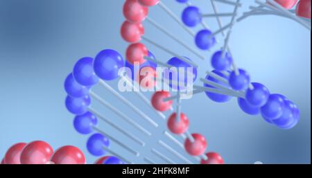 3D Illustration eines Doppelhelix-dna-Modells auf blauem Hintergrund. Medizinische Wissenschaft, genetische Biotechnologie, Chemie-Biologie, Gen-Zell-Konzept Stockfoto