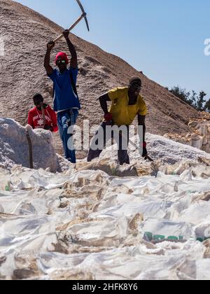 Lac Rose, Senegal, Afrika (Pink Lake) - Feb 2019: Säcke Salz aus dem Retba Lake mit rotem Wasser, das zum UNESCO-Weltkulturerbe gehört. Es ist l Stockfoto