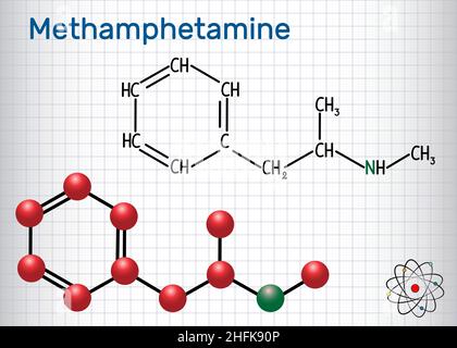 Methamphetamin (Crystal Meth, C10H15N)-Molekül. Strukturelle chemische Formel und Molekülmodell. Blatt Papier in einem Käfig Stock Vektor