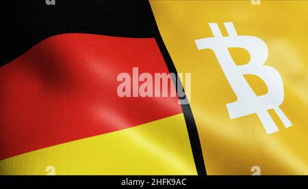 3D Illustration des wehenden Bitcoins und der deutschen Flagge Stockfoto