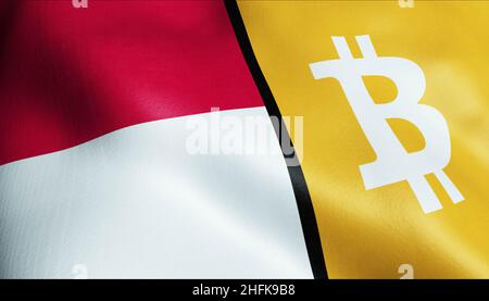 3D Illustration des wehenden Bitcoins und der indonesischen Flagge Stockfoto