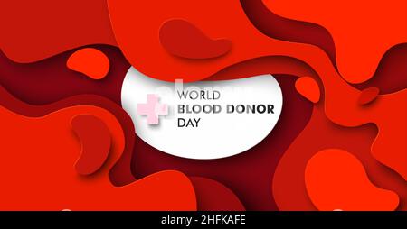 World Blood Donor Day, Vektor-Papier geschnitten horizontales Poster, Banner-Vorlage. Papercut rotes Blut Flüssigkeit Form abstrakten Hintergrund mit Text, medizinisch Stock Vektor