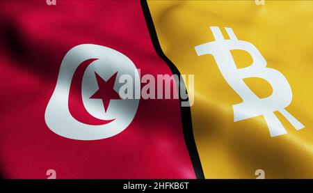 3D Illustration von wehenden Bitcoin und tunesischer Flagge Stockfoto