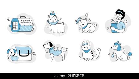 PET Veterinary Clinic Line Icon Set. Krankes Haustier, Tier, Katze, Hund für Tierarzt Aufkleber-Vorlage. Doodle Linie Stil Tier und Charakter. Vektorgrafik. Stock Vektor