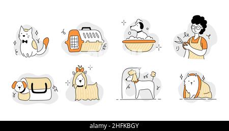 Symbole für den Tierpflegesalon. Cute Hund Beauty Grooming Salon, waschen, Pflege Haar des Haustieres. Doodle Linie Stil Tier und Charakter. Vektorgrafik. Stock Vektor