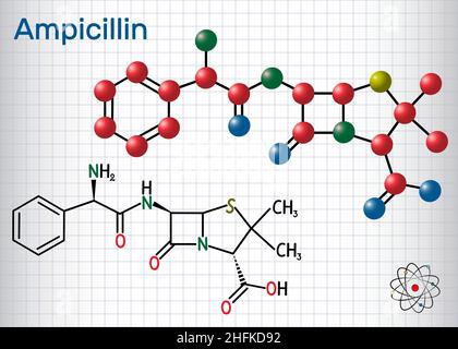 Ampicillin-Medikamentenmolekül. Es ist ein Beta-Lactam-Antibiotikum. Blatt Papier in einem Käfig. Strukturelle chemische Formel und Molekülmodell. Vektorgrafik Stock Vektor