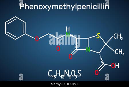 Phenoxymethylpenicillin (Penicillin V) Antibiotikum-Molekül. Strukturelle chemische Formel auf dem dunkelblauen Hintergrund. Vektorgrafik Stock Vektor