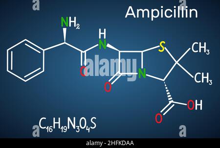 Ampicillin-Medikamentenmolekül. Es ist ein Beta-Lactam-Antibiotikum. Strukturelle chemische Formel auf dem dunkelblauen Hintergrund. Vektorgrafik Stock Vektor