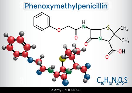 Phenoxymethylpenicillin (Penicillin V) Antibiotikum-Molekül. Strukturelle chemische Formel und Molekülmodell. Vektorgrafik Stock Vektor