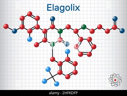 Elastolix-Medikamentenmolekül. Es handelt sich um Gonadotropin-freisetzende Hormonantagonisten. Blatt Papier in einem Käfig. Strukturelle chemische Formel und Molekülmodell. Ve Stock Vektor