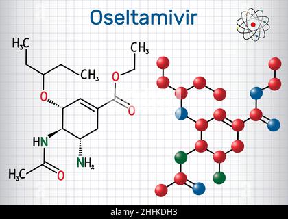 Oseltamivir antivirales Medikamentenmolekül. Blatt Papier in einem Käfig. Strukturelle chemische Formel und Molekülmodell. Vektorgrafik Stock Vektor