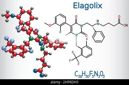 Elastolix-Medikamentenmolekül. Es handelt sich um Gonadotropin-freisetzende Hormonantagonisten. Strukturelle chemische Formel und Molekülmodell. Vektorgrafik Stock Vektor