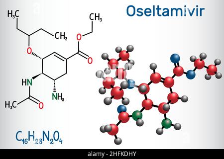 Oseltamivir antivirales Medikamentenmolekül. Strukturelle chemische Formel und Molekülmodell. Vektorgrafik Stock Vektor