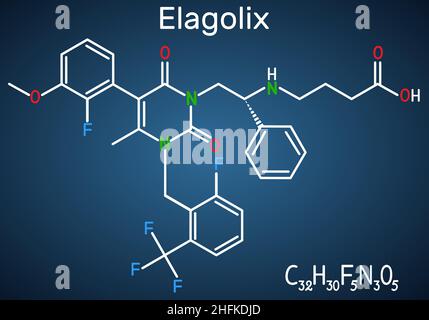 Elastolix-Medikamentenmolekül. Es handelt sich um Gonadotropin-freisetzende Hormonantagonisten. Strukturelle chemische Formel auf dem dunkelblauen Hintergrund. Vektorgrafik Stock Vektor