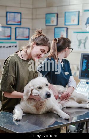Junge Frau hält ihren Hund, während Tierarzt Ultraschall seines Körpers in der Tierarztklinik macht Stockfoto