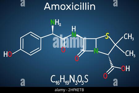 Amoxicillin-Medikamentenmolekül. Es ist ein Beta-Lactam-Antibiotikum. Strukturelle chemische Formel auf dem dunkelblauen Hintergrund. Vektorgrafik Stock Vektor