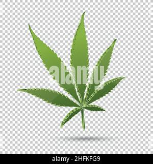 3D Cannabisblatt Marihuana, Hanfblatt. Medizinisches Cannabis CBD THC-Pflanze. Isoliert auf kariertem transparentem Hintergrund. Design-Element für Drucksachen, Web, Stock Vektor