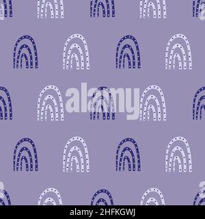 Vektor gepunktete Regenbogen kindisch nahtlose Muster Hintergrund. Periwinkle lila Hintergrund mit handgezeichneten Regenbogen und Punkten. Geometrisch gekrümmte Formen Stock Vektor