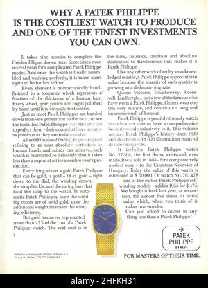 Patek Philippe Uhr Vintage-Werbespot aus Papier 1980er Jahre 80er Jahre Petek Philippe Gold Armbanduhr Stockfoto