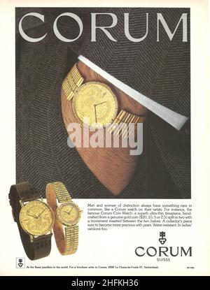 CORUM Uhr Vintage Papier Werbespot 1980s 80s Stockfoto