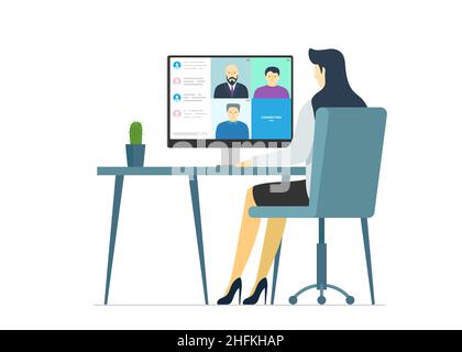Frau, die einen Computer benutzt, während eine Gruppe auf dem Bildschirm an einer Online-Konferenz teilnimmt. Webinar oder Videokonferenz zu Heimarbeit und Fernschulung. EPS-Videokonferenzen und Remote-Webkommunikation Stock Vektor