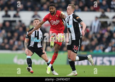 KIERAN TRIPPIER, EMMANUEL DENNIS, SEAN LONGSTAFF, NEWCASTLE UNITED FC V WATFORD FC, 2022 Stockfoto