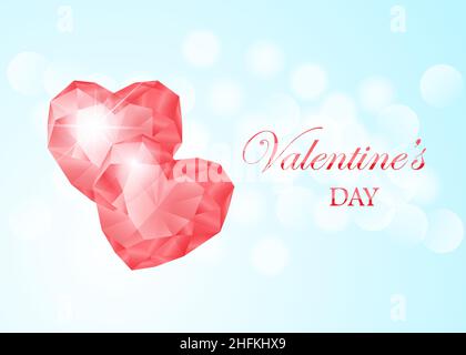 Happy Valentines Day Vektor Grußkarte. Rosa Edelstein Herz auf blauem Bokeh Hintergrund. Weihnachtenposter mit Diamanten, Juwelen. Konzept für Valentinstag Stock Vektor