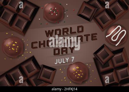 World Chocolate Day 7. Juli Poster-Schokoladen-Tafeln, Schokoladentrüffel, Schokoladenbomben und Streuseln Stock Vektor