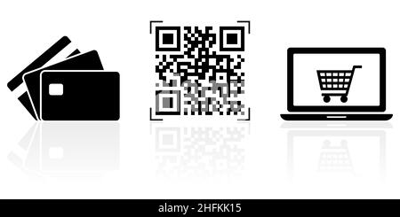 Web- und Internet-Business-Konzept Vektor-Icon-Set, Online-Shopping, Kreditkarte und qr-Code-Symbole isoliert auf weißem Hintergrund mit Reflexion Stock Vektor