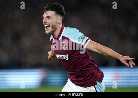 Datei-Foto vom 30-09-2021 von Declan Rite von West Ham United, der West Ham aufgefordert hat, positiv zu bleiben, obwohl ihr Siegessieg gegen Leeds zu Ende geht. Ausgabedatum: Montag, 17. Januar 2022. Stockfoto