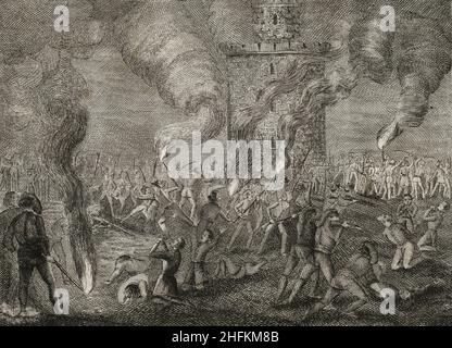 Geschichte Spaniens. Katalonien. Erster Karlistenkrieg (1833-1840). Als die Bürger von Barcelona von den Exzessen der Carlisten in einigen katalanischen Städten Kenntnis hatten, stürmte eine Menschenmenge am 4. Januar 1836 das Gefängnis von Citadel. Sie töteten mehr als hundert Kriegsgefangene der Carlist. Mord an Carlist-Gefangenen in der Zitadelle von Barcelona. Illustration von Miranda. Gravur. Panorama Español, Crónica Contemporánea. Band III Madrid, 1845. Stockfoto