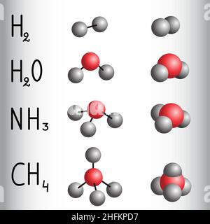 Chemische Formel und Molekülmodell von Wasserstoff, Wasser, Ammoniak, Methan. Vektorgrafik Stock Vektor