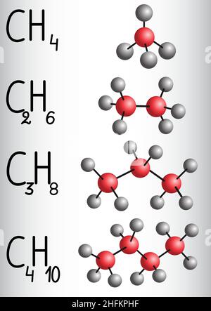 Chemische Formel und Molekülmodell Methan CH4, Ethan C2H4, Propan C3H8, Butan C4H10. Homologe Serie von Alkanen. Vektorgrafik Stock Vektor