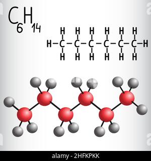 Chemische Formel und Molekülmodell von Hexan C6H14. Vektorgrafik Stock Vektor