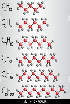 Chemische Formel und Molekülmodell der homologen Reihe von Alkanen. Vektorgrafik Stock Vektor