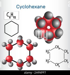 Cyclohexanmolekül - strukturelle chemische Formel und Modell. Vektorgrafik Stock Vektor