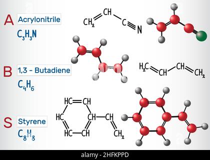 Acrylnitril-Butadien-Styrol (ABS) - strukturchemische Formel und Modell. Vektorgrafik Stock Vektor