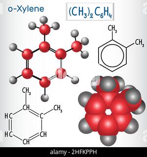 Ortho-Xylol (o-Xylol)-Molekül - strukturchemische Formel und Modell. Vektorgrafik Stock Vektor