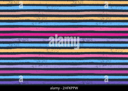 Handgezeichnetes, einfaches Streifenmuster. Nahtloser Vektor farbenfroher Hintergrund. Bunte horizontale blaue, rosa und violett gestrichene Streifen. Stock Vektor
